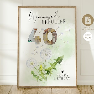 Geldgeschenk zum 40. Geburtstag | kreative Geschenk Idee sofort Download A4 | Poster runder Geburtstag | Geburtstagsgeschenk Wunscherfüller