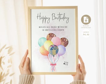 contant cadeau verjaardag | creatief last minute verjaardagscadeau geld | maak een origineel DIY cadeau | Direct downloaden PDF A4 Digitaal