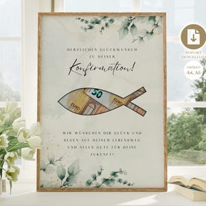 May include: A printable card with a watercolor background of green leaves and a fish-shaped cutout for money. The text reads "Herzlichen Gl&uuml;ckwunsch zu deiner Konfirmation!" and "Wir w&uuml;nschen dir Gl&uuml;ck und Segen auf deinem Lebensweg und alles Gute f&uuml;r deine Zukunft!"