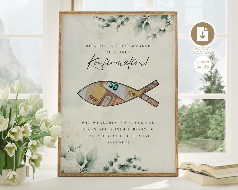 May include: A printable card with a watercolor background of green leaves and a fish-shaped cutout for money. The text reads "Herzlichen Gl&uuml;ckwunsch zu deiner Konfirmation!" and "Wir w&uuml;nschen dir Gl&uuml;ck und Segen auf deinem Lebensweg und alles Gute f&uuml;r deine Zukunft!"