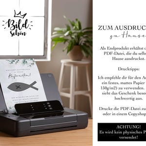 May include: Printable digital download for a confirmation card. The card features a fish with a pair of scissors and the text "Willkommen Gl&uuml;ckwunsch zu deiner Konfirmation!"  The text "Zum Ausdrucken zu Hause" is also included.  The image shows a printer.