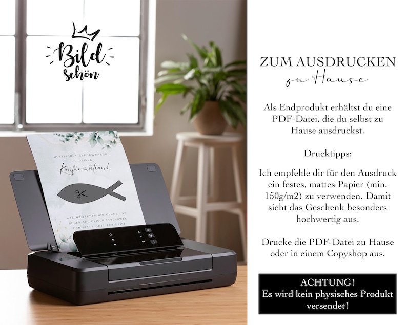 May include: Printable digital download for a confirmation card. The card features a fish with a pair of scissors and the text "Willkommen Gl&uuml;ckwunsch zu deiner Konfirmation!"  The text "Zum Ausdrucken zu Hause" is also included.  The image shows a printer.