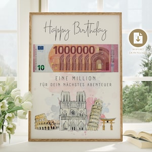 Geldgeschenk Geburtstag Reise | kreatives Geschenk Geburtstag Urlaub | DIY Geldgeschenk Reisekasse | erste Million Weltreise PDF Download A4