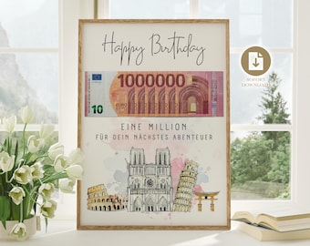 Money gift birthday trip | creative gift birthday holiday | DIY money gift travel fund | first million world trip PDF Download A4