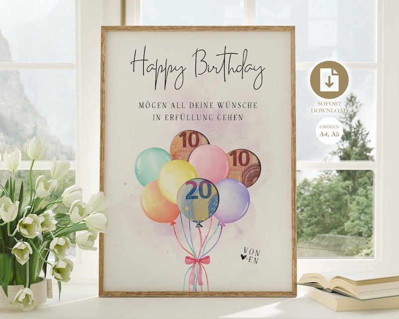 Geldgeschenk Geburtstag | kreatives Last Minute Geburtstagsgeschenk Geld | originelles DIY Geschenk basteln | Sofort Download PDF A4 A5 Digital