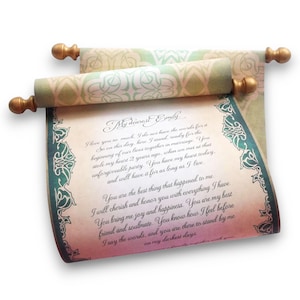 Green and gold paper scroll, 8x20 inch aged parchment paper, personalized with your own words only