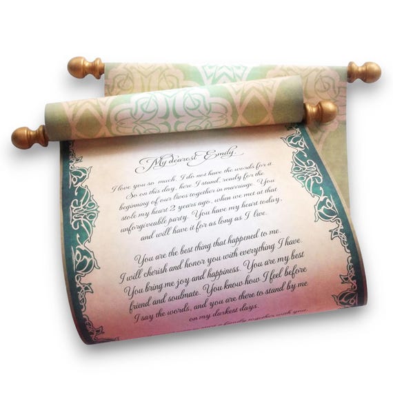 Green and gold paper scroll, 8x20 inch aged parchment paper, personalized with your own words only