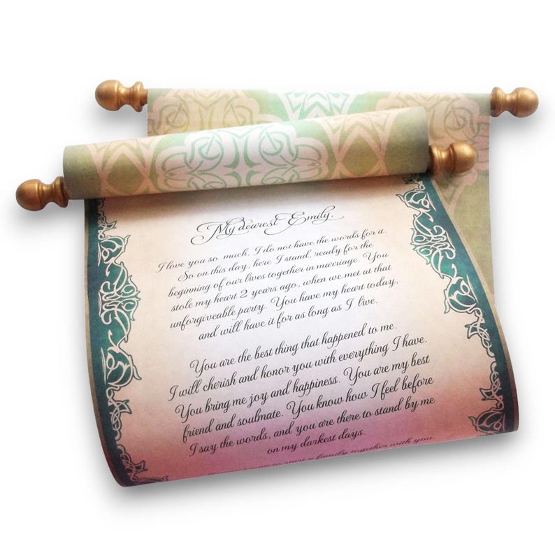 A rolled parchment scroll printed with text, featuring decorative gold-colored finials. The paper has a vintage, aged appearance in shades of green, with an intricate design.