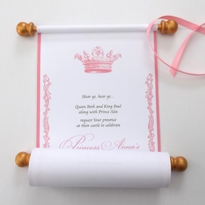 Royal princess birthday invitation scrolls with crown in pink with gold accents, set of 10-15 scrolls