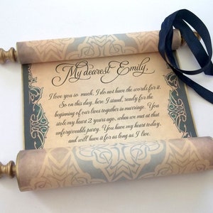 Elegant scroll with brooch, aged gold & navy, wedding vows, secret message, 8x18" paper, blank or personalized with your own words only