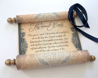 Elegant scroll with brooch, aged gold & navy, wedding vows, secret message, 8x18" paper, blank or personalized with your own words only