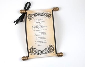Custom Regency floral damask scroll invitations, black and gold, optional boxes, set of 10