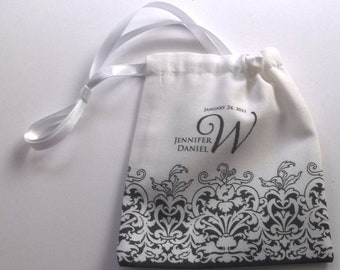 Personalized Wedding ring pouch, black and white damask, rustic wedding ring pouch, wedding favor, bride and groom monogram