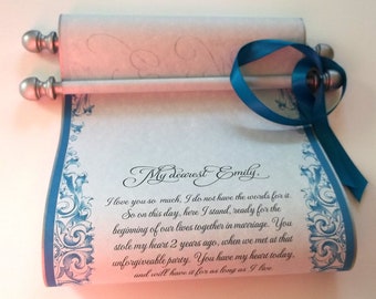 Large decorative scroll in silver and turquoise, 8x18" light blue parchment, blank or personalized with your own words