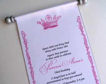 Princess Birthday Party Invitations on a scroll with Royal Crown in pink and silver, set of 10