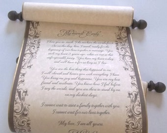 Set of 5 elegant scrolls in gold & brown, custom printed with your wording, personal message, 8x19" parchment paper