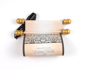 Medieval Castle Inspired Scroll Invitations, set of 10, optional boxes