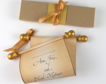 Vintage aged scroll wedding invitations with gold accents, optional gift boxes, set of 10