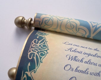 Elegant scroll with brooch, aged gold & navy, wedding vows, secret message, 8x19" paper, blank or personalized with your own words only