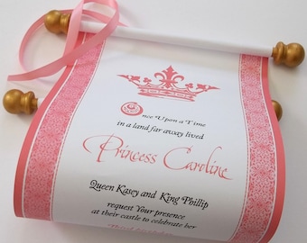 Royal princess invitation scrolls in pink and gold, set of 10 or 15