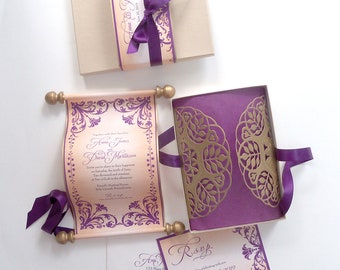 Elegant scroll wedding invitation in a box, damask flower scroll in aubergine purple and gold, SAMPLE