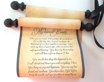 Custom wedding scroll, anniversary message, best man invitation scroll, 5x13" parchment paper with black accents