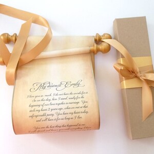 Custom parchment scroll with box, gold accents 5 inches wide paper, for your own words image 1