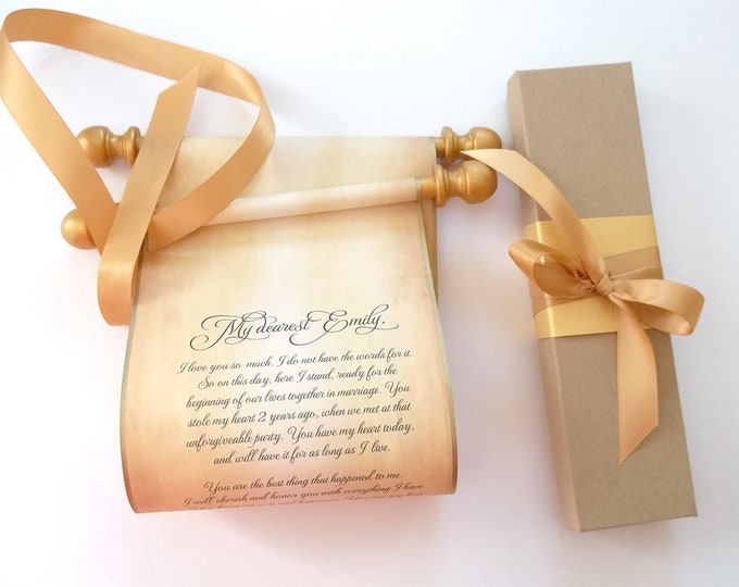 Custom parchment scroll with box, gold accents - 5 inches wide paper, for your own words
