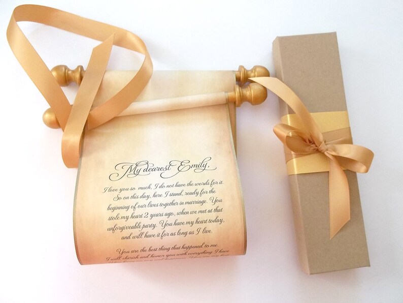 Custom parchment scroll with box, gold accents 5 inches wide paper, for your own words image 1