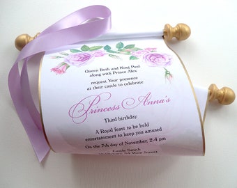 Princess invitation scroll, set of 10, pink and lavender roses, pink and gold, custom wording, set of 10