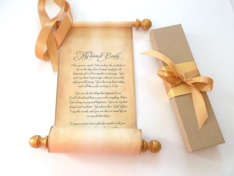 Custom parchment scroll with box, gold accents 5 inches wide paper, for your own words image 2