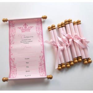 Fill in the blank princess birthday invitations on pink paper with royal crown and gold accents, optional brooch, set of 5