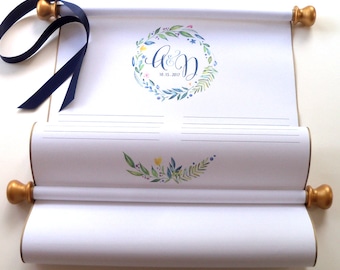 Greenery wedding guest book, scroll guest book, guest sign in book, wedding ceremony guest scroll for up to 100 guests, green leaf monogram