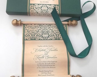 Medieval castle wedding invitation scroll in emerald green and gold, damask stencil design suite with small presentation box, set of 10