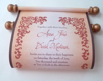 Rustic wedding invitation scrolls in brown and copper, set of 10