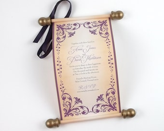 Floral Scroll Wedding Invitation Set - Damask Flower Design, set of 10, optional boxes