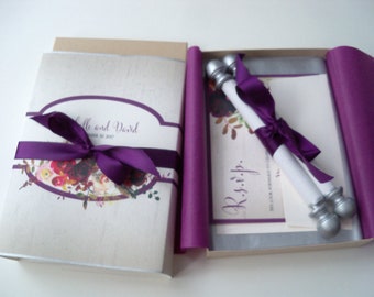 Boho floral wedding invitation suite, aubergine and silver, rustic wedding invitations, boxed set, scroll invitations SAMPLE