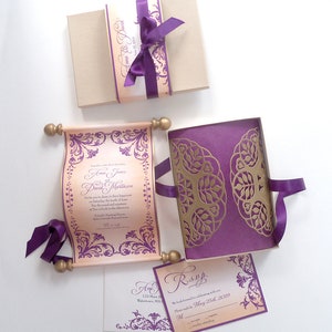Wedding invitation scroll in a box, damask flower scroll in plum and aged gold, 10 suites