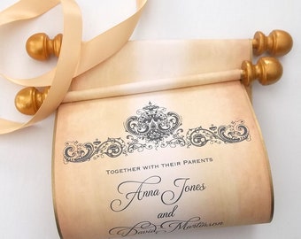 Rustic wedding invitation scrolls, damask wedding invitation with gold accents, set of 10