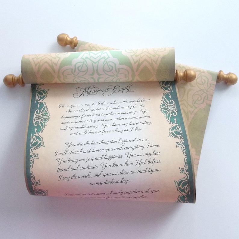 Green and gold paper scroll, 8x18 inch aged parchment paper, personalized with your own words only