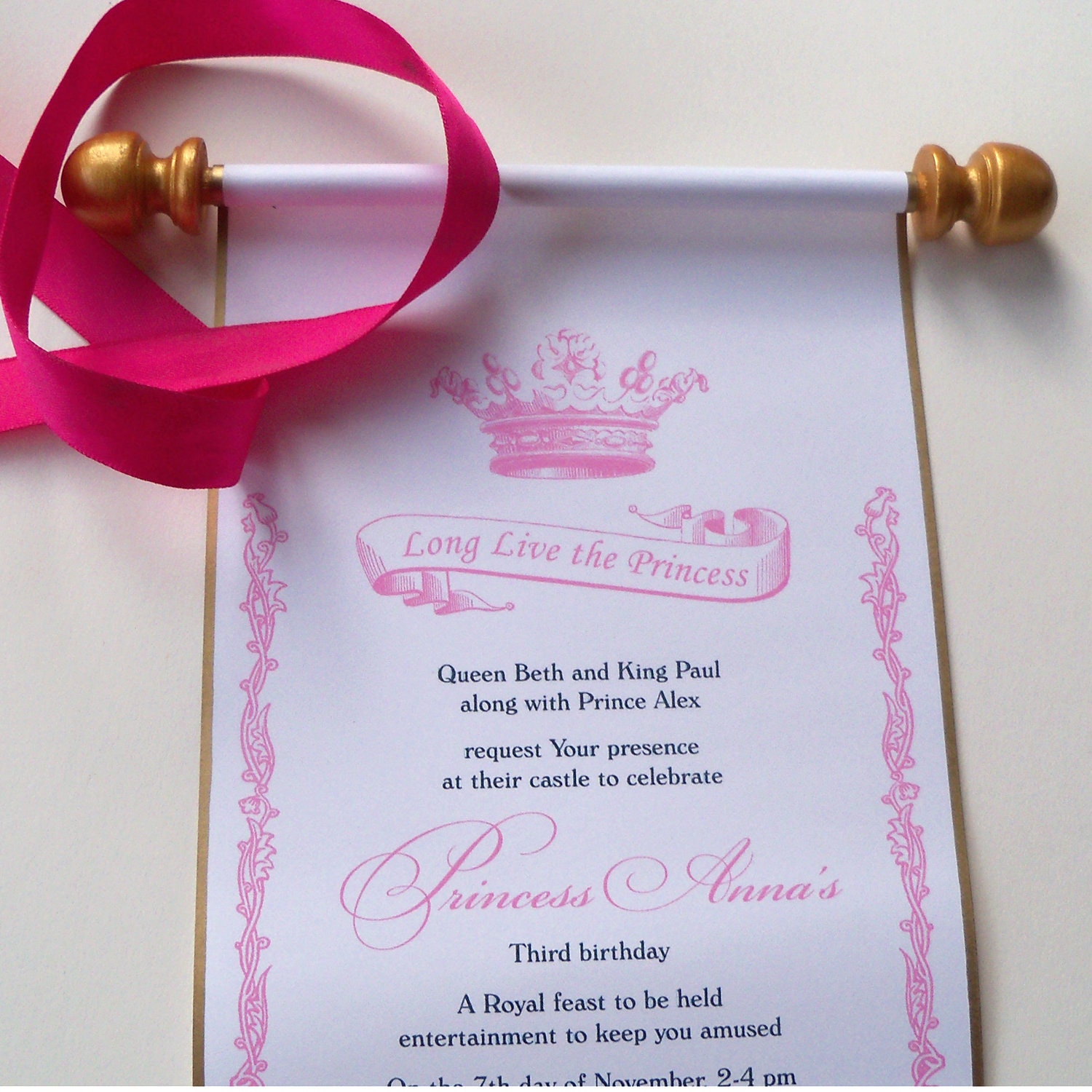 Royal Princess Birthday Invitation Scroll, Royal Crown and Gold