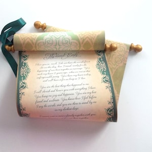 Green and gold paper scroll, 8x18 inch aged parchment paper, personalized with your own words only