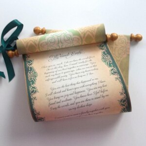 Green and gold paper scroll, 8x18 inch aged parchment paper, personalized with your own words only