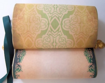 Emerald green and gold scroll, box and brooch, 8x18 inch parchment paper, blank or customized, personalized gift, anniversary, wedding vow