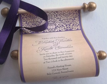 Wedding invitation scrolls, destination castle in plum and aged gold, set of 10 scrolls