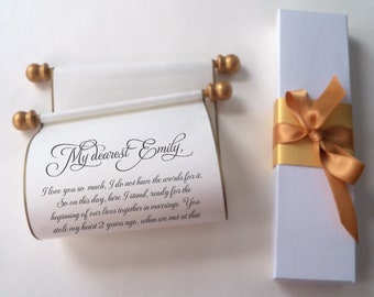 Wedding vow paper scroll on white linen paper with gold or silver accents, personal message, anniversary letter, gift box, 5x12" paper