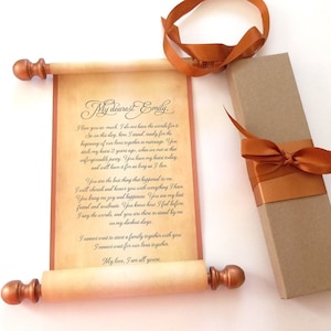 Custom wedding vow scroll with copper, anniversary, secret message, love letter, scavenger hunt, parchment paper, personalized scroll
