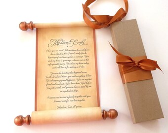 Custom wedding vow scroll with copper, anniversary, secret message, love letter, scavenger hunt, parchment paper, personalized scroll