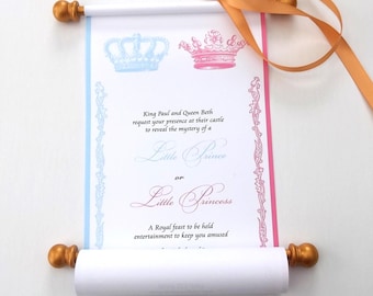 Prince / princess twin invitation scrolls with royal crowns in blue and/or pink, set of 10, optional boxes