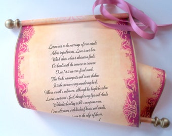 Wedding vows personalized scroll with brooch, aged gold & mauve, blank or custom, paper wedding anniversary, 8x18 inches paper